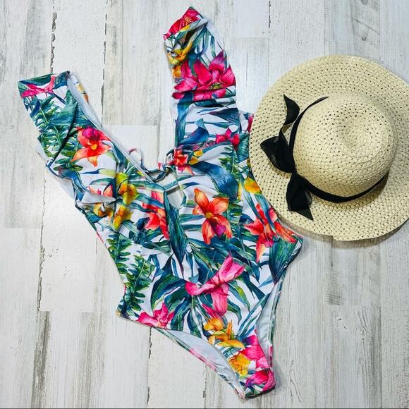 Floral Ruffled Monokini Plunging V-Neck Tie Back High-Cut - Picture 3 of 8